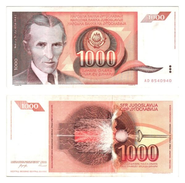 YUGOSLAVIA 1000 dinara 1990 / Nikola Tesla / XF