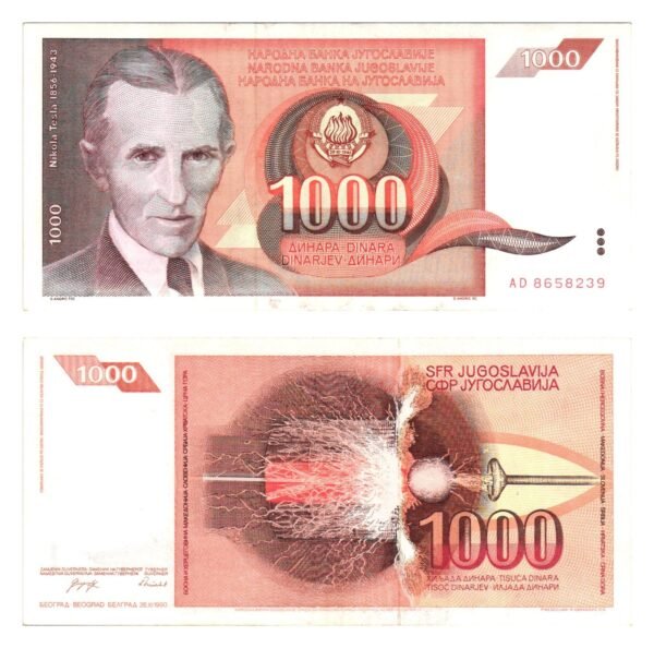 YUGOSLAVIA 1000 dinara 1990 / Nikola Tesla / XF