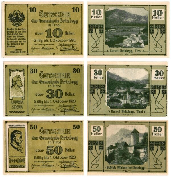 AUSTRIA Brixlegg (Tirol) 1920 local banknotes lot / Notgeld / 3 pcs. UNC