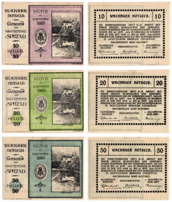 AUSTRIA Spitz a. d. Donau 1920 local banknotes lot / Notgeld / 3 pcs. UNC