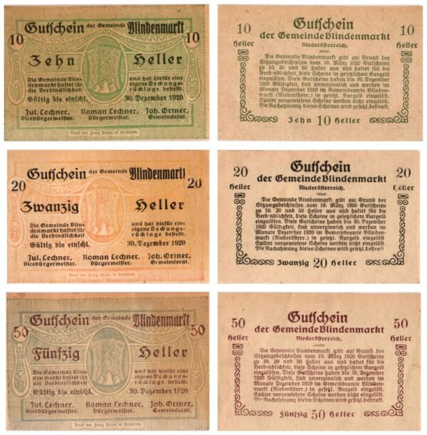 AUSTRIA Blindenmarkt 1920 local banknotes lot / Notgeld / 3 pcs. UNC
