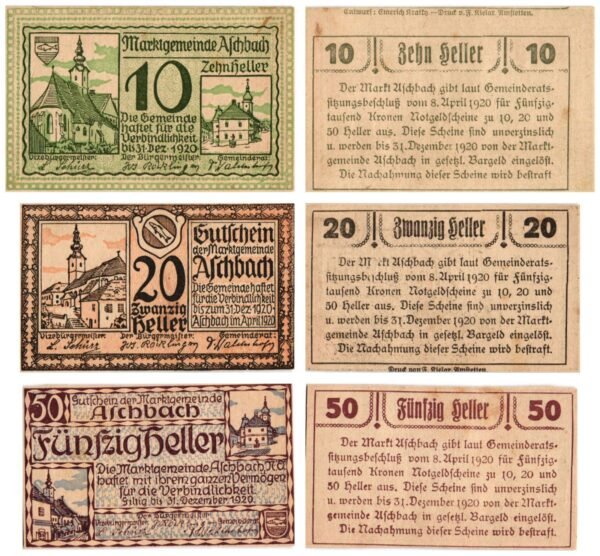 AUSTRIA Aschbach 1920 local banknotes lot / Notgeld / 3 pcs. UNC-