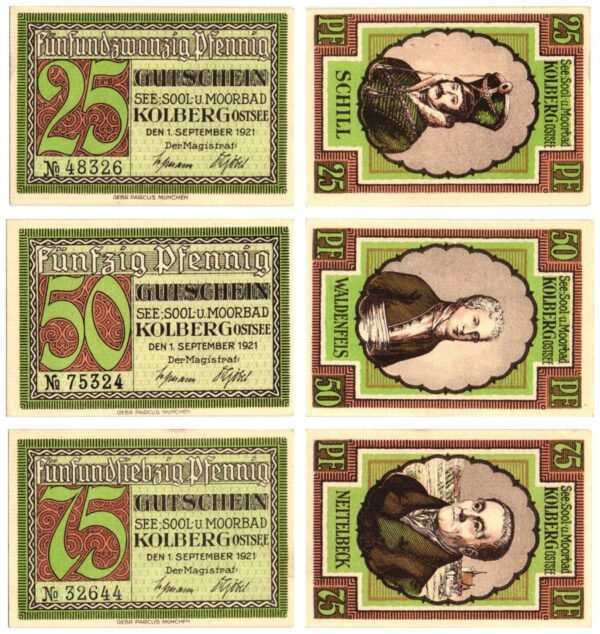GERMANY Kolberg (Ostsee) 1921 local banknotes lot / Notgeld / 3 pcs. UNC