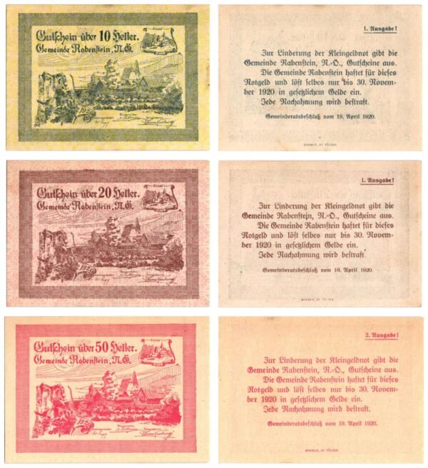AUSTRIA Rabenstein an der Pielach 1920 local banknotes lot / Notgeld / 3 pcs. UNC