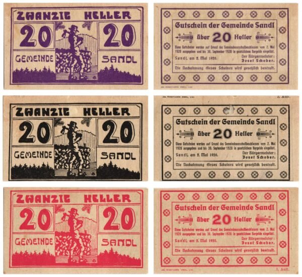 AUSTRIA Sandl (20 heller variations) 1920 local banknotes lot / Notgeld / 3 pcs. UNC