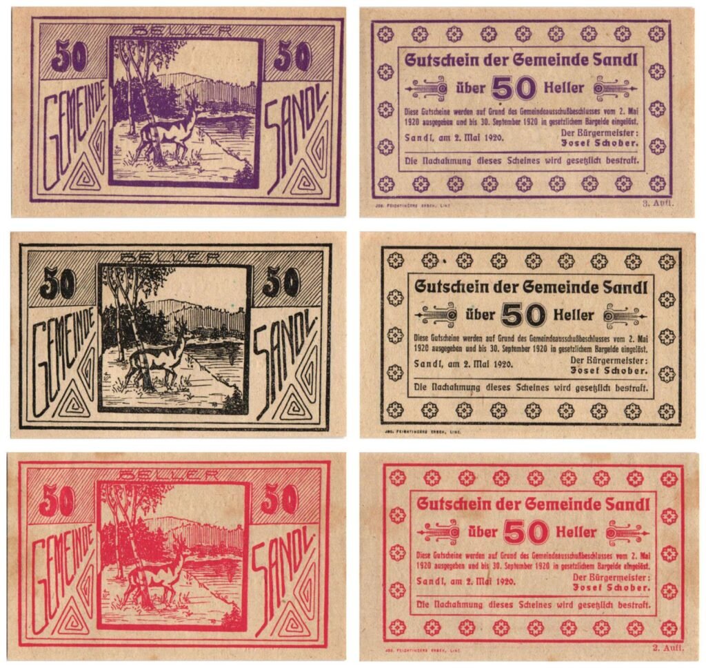 AUSTRIA Sandl (50 heller variations) 1920 local banknotes lot / Notgeld / 3 pcs. UNC