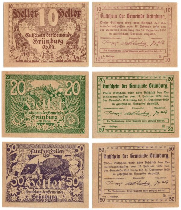 AUSTRIA Grünburg 1920 local banknotes lot / Notgeld / 3 pcs. UNC