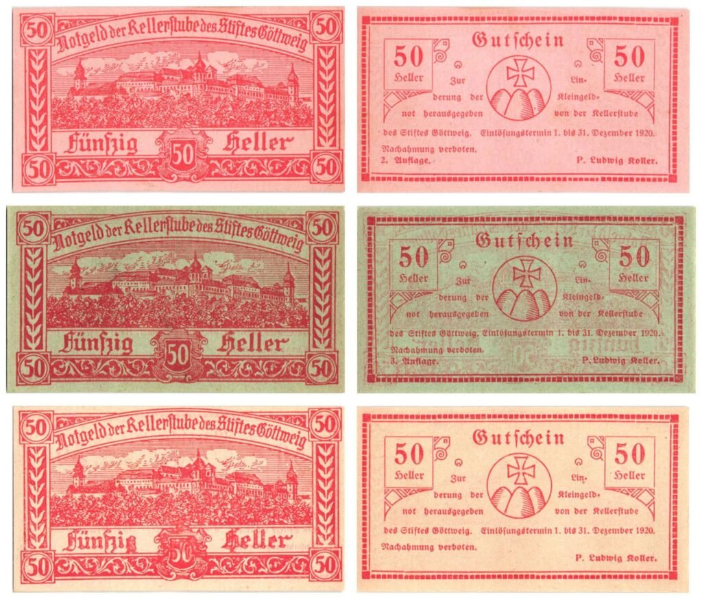 AUSTRIA Kellerstube des Stiftes Göttweig 1920 local banknotes lot / Notgeld / 3 pcs. UNC