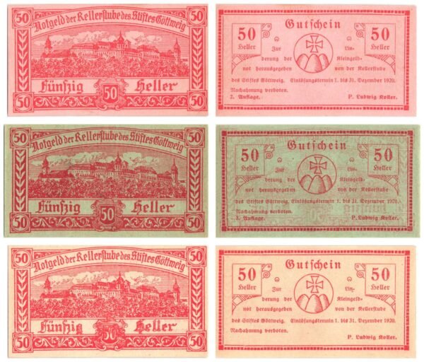 AUSTRIA Kellerstube des Stiftes Göttweig 1920 local banknotes lot / Notgeld / 3 pcs. UNC