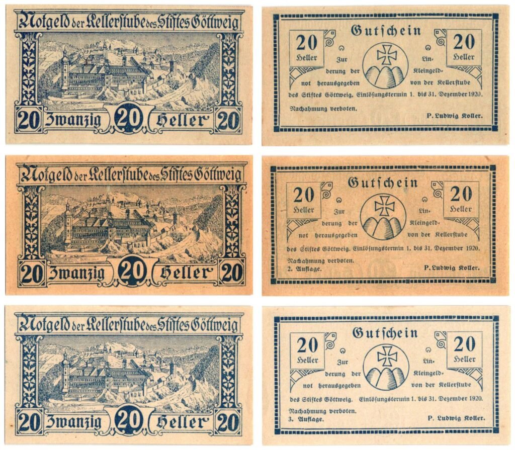 AUSTRIA Kellerstube des Stiftes Göttweig 1920 local banknotes lot / Notgeld / 3 pcs. UNC