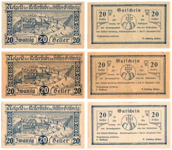 AUSTRIA Kellerstube des Stiftes Göttweig 1920 local banknotes lot / Notgeld / 3 pcs. UNC