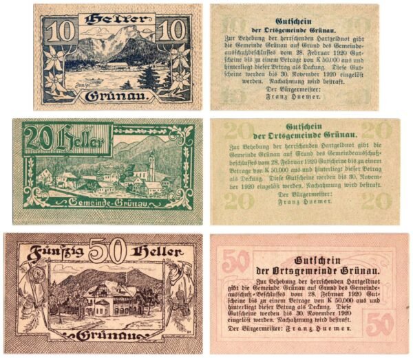 AUSTRIA Grünau 1920 local banknotes lot / Notgeld / 3 pcs. UNC