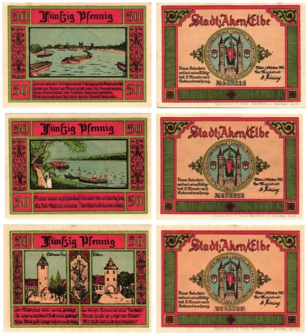 GERMANY Aken / Elbe 1921 local banknotes lot / Notgeld / 3 pcs. UNC