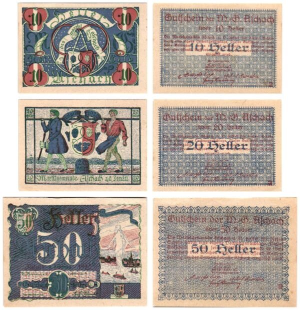AUSTRIA Aschach a. d. Donau 1920 local banknotes lot / Notgeld / 3 pcs. UNC
