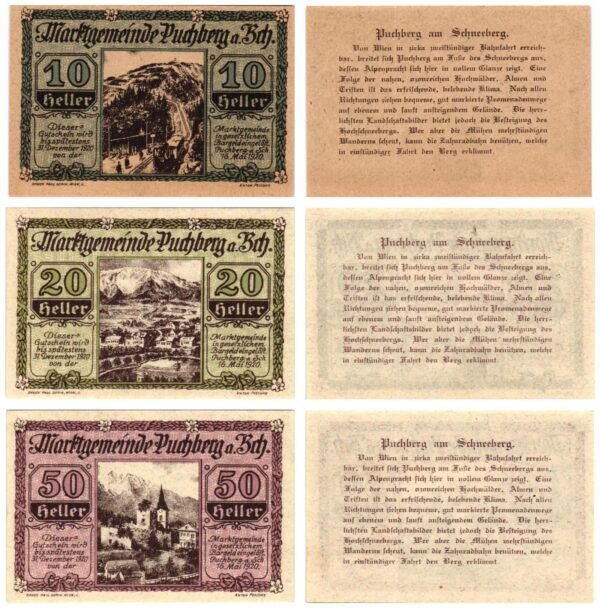 AUSTRIA Puchberg am Schneeberg 1920 local banknotes lot / Notgeld / 3 pcs. UNC
