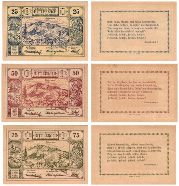 AUSTRIA Mitterbach 1920 local banknotes lot / Notgeld / 3 pcs. UNC