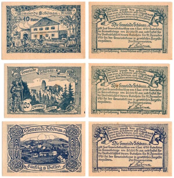 AUSTRIA Schönau im Mühlkreis 1920 local banknotes lot / Notgeld / 3 pcs. UNC