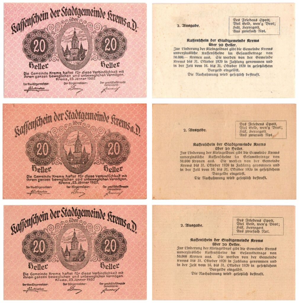 AUSTRIA Krems a. d. Donau 1920 local banknotes lot / Notgeld / 3 pcs. UNC