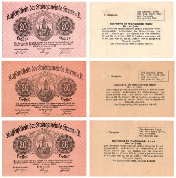 AUSTRIA Krems a. d. Donau 1920 local banknotes lot / Notgeld / 3 pcs. UNC