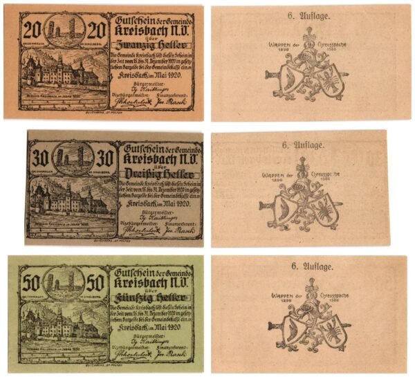 AUSTRIA Kreisbach (6. Auflage) 1920 local banknotes lot / Notgeld / 3 pcs. UNC