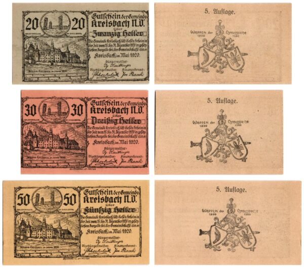 AUSTRIA Kreisbach (5. Auflage) 1920 local banknotes lot / Notgeld / 3 pcs. UNC