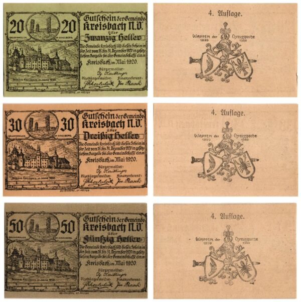 AUSTRIA Kreisbach (4. Auflage) 1920 local banknotes lot / Notgeld / 3 pcs. UNC