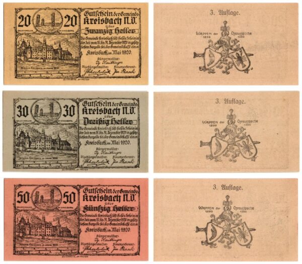 AUSTRIA Kreisbach (3. Auflage) 1920 local banknotes lot / Notgeld / 3 pcs. UNC