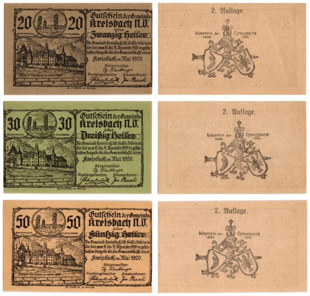 AUSTRIA Kreisbach (2. Auflage) 1920 local banknotes lot / Notgeld / 3 pcs. UNC