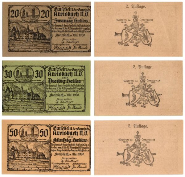 AUSTRIA Kreisbach (2. Auflage) 1920 local banknotes lot / Notgeld / 3 pcs. UNC