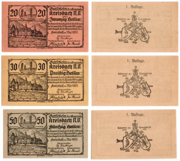 AUSTRIA Kreisbach (1. Auflage) 1920 local banknotes lot / Notgeld / 3 pcs. UNC
