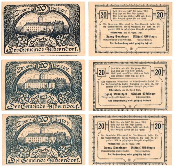 AUSTRIA Alberndorf in Oberösterreich 1920 local banknotes lot / Notgeld / 3 pcs. UNC