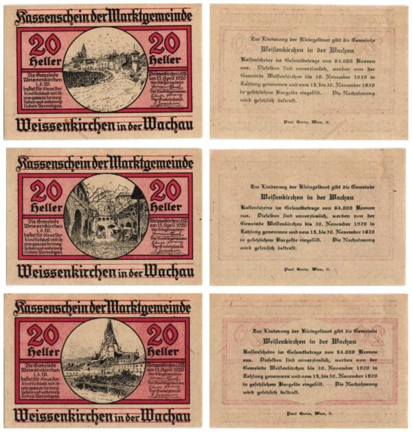 AUSTRIA Weissenkirchen in der Wachau 1920 local banknotes lot / Notgeld / 3 pcs. UNC