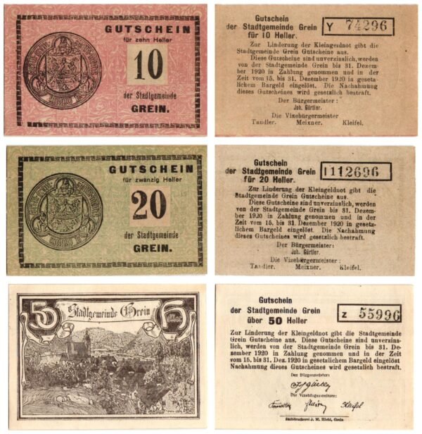 AUSTRIA Grein 1920 local banknotes lot / Notgeld / 3 pcs. UNC