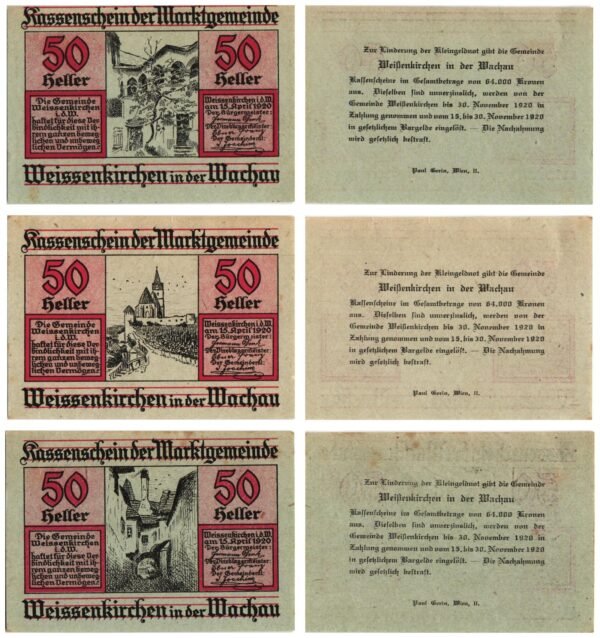 AUSTRIA Weissenkirchen in der Wachau 1920 local banknotes lot / Notgeld / 3 pcs. UNC