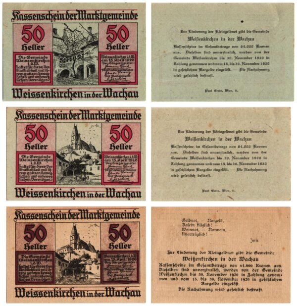 AUSTRIA Weissenkirchen in der Wachau 1920 local banknotes lot / Notgeld / 3 pcs. UNC