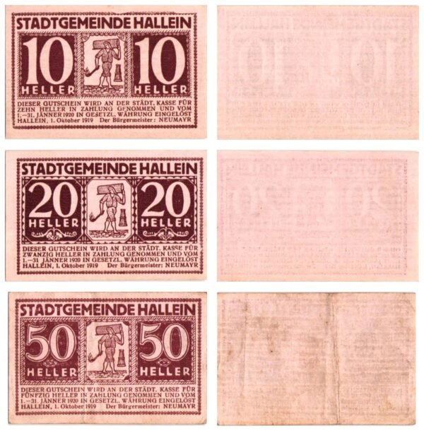 AUSTRIA Hallein 1919 local banknotes lot / Notgeld / 3 pcs. VF