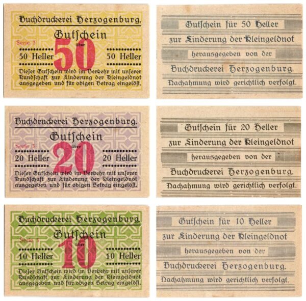 AUSTRIA Herzogenburg (Serie 3) 1920 local banknotes lot / Notgeld / 3 pcs. UNC