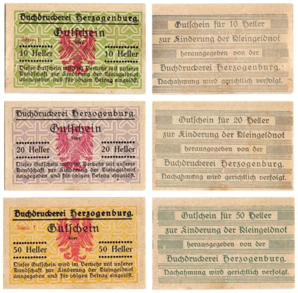 AUSTRIA Herzogenburg (Serie 1) 1920 local banknotes lot / Notgeld / 3 pcs. UNC-