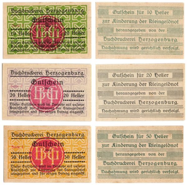 AUSTRIA Herzogenburg (Serie 2) 1920 local banknotes lot / Notgeld / 3 pcs. UNC-