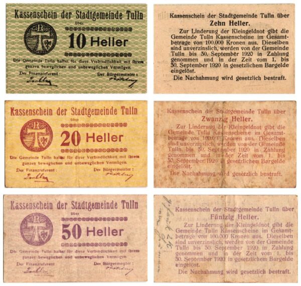 AUSTRIA Tulln 1920 local banknotes lot / Notgeld / 3 pcs. VF