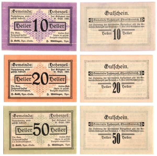 AUSTRIA Hohenzell 1920 local banknotes lot / Notgeld / 3 pcs. UNC