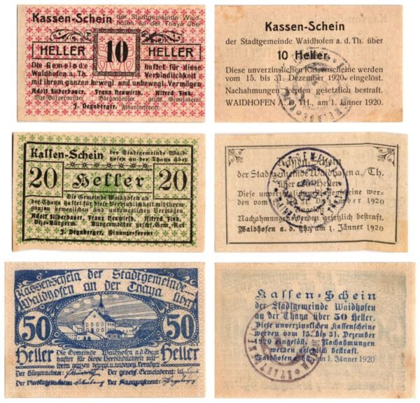 AUSTRIA Waidhofen an der Thaya 1920 local banknotes lot / Notgeld / 3 pcs. UNC-