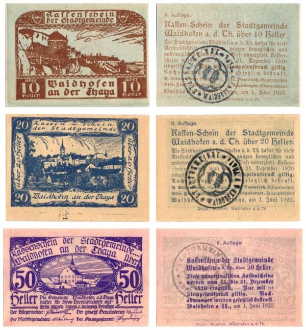 AUSTRIA Waidhofen an der Thaya (II. Auflage) 1920 local banknotes lot / Notgeld / 3 pcs. UNC