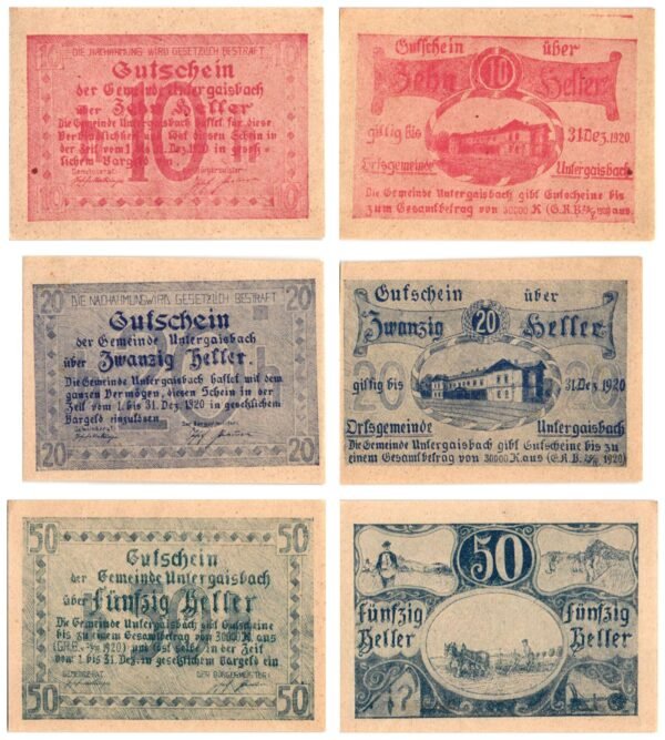 AUSTRIA Untergaisbach 1920 local banknotes lot / Notgeld / 3 pcs. UNC