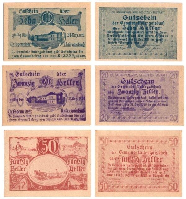 AUSTRIA Untergaisbach 1920 local banknotes lot / Notgeld / 3 pcs. UNC