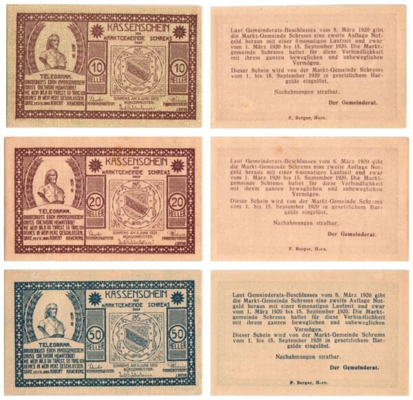 AUSTRIA Schrems 1920 local banknotes lot / Notgeld / 3 pcs. UNC