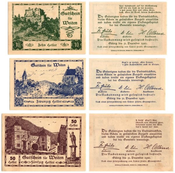 AUSTRIA Weiten 1920 local banknotes lot / Notgeld / 3 pcs. UNC