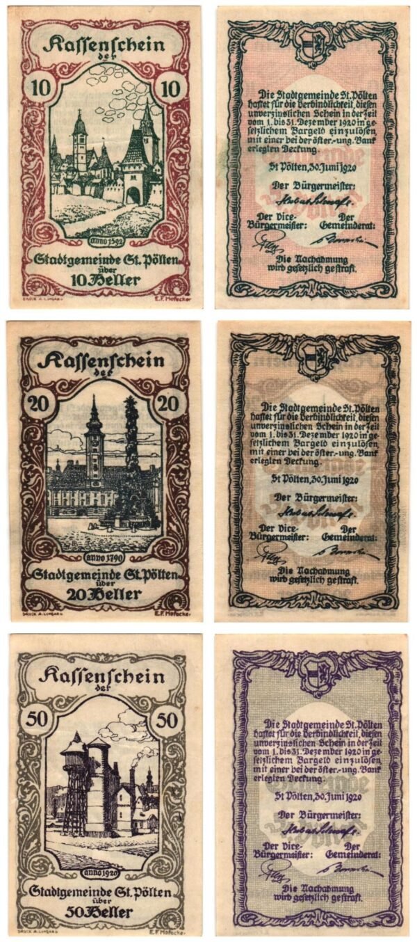 AUSTRIA St. Pölten 1920 local banknotes lot / Notgeld / 3 pcs. UNC