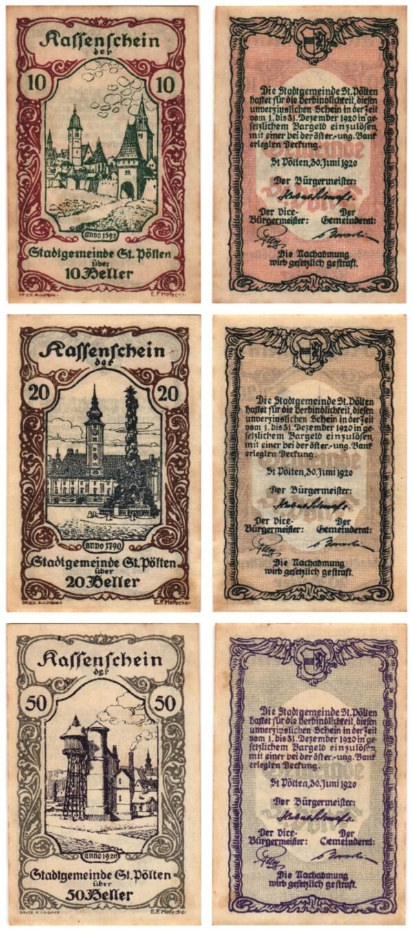 AUSTRIA St. Pölten 1920 local banknotes lot / Notgeld / 3 pcs. UNC