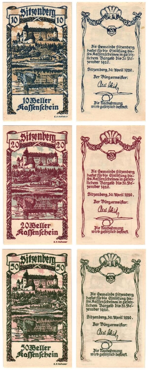 AUSTRIA Sitzenberg 1920 local banknotes lot / Notgeld / 3 pcs. UNC